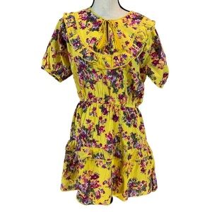 Maisie 100% Cotton Short Puff Sleeve Floral Ruffle Mini Dress - Yellow - Large